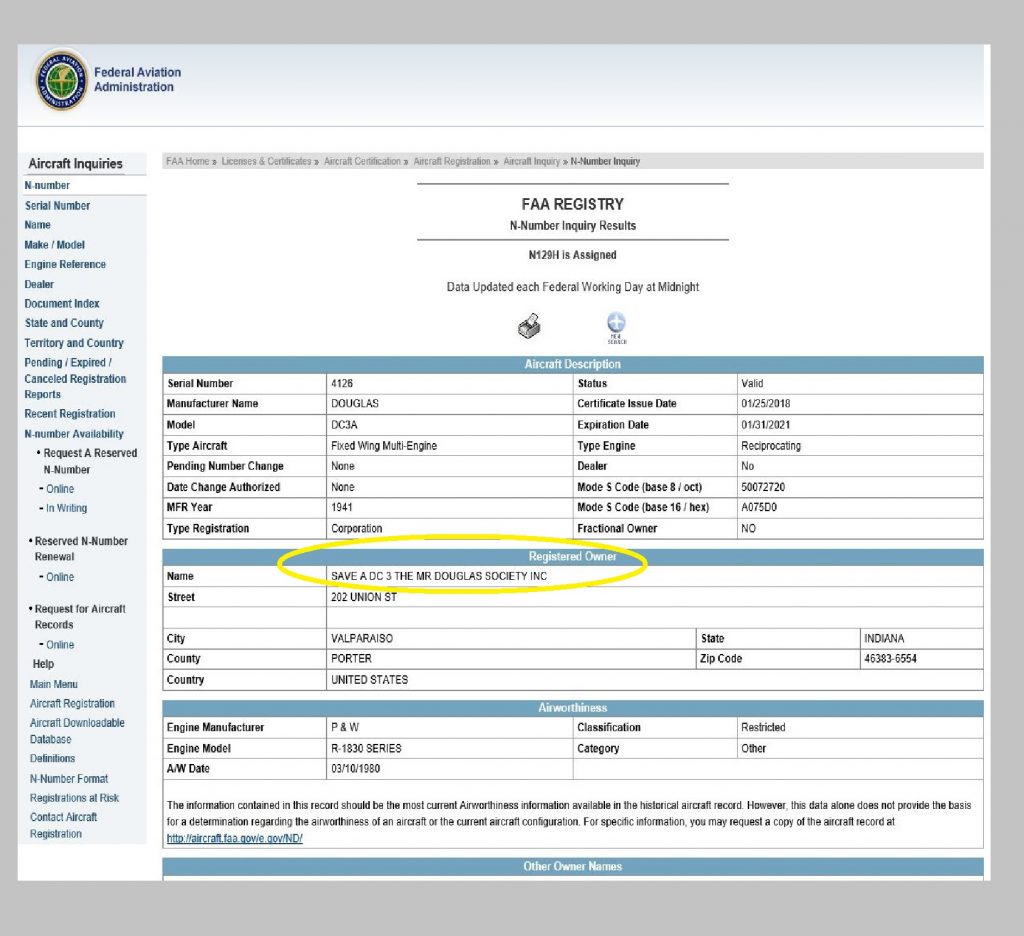 Official F.A.A. aircraft registration n129H